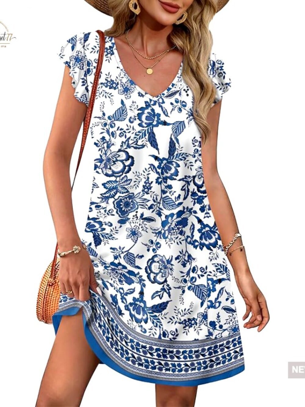 Knee-Length Summer Swing Dress with Ruffle Sleeves and Pockets